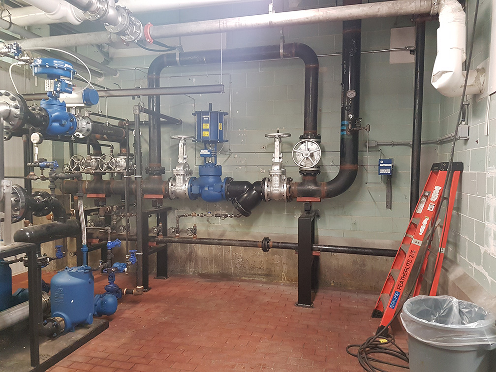 boiler room with blue and red accents